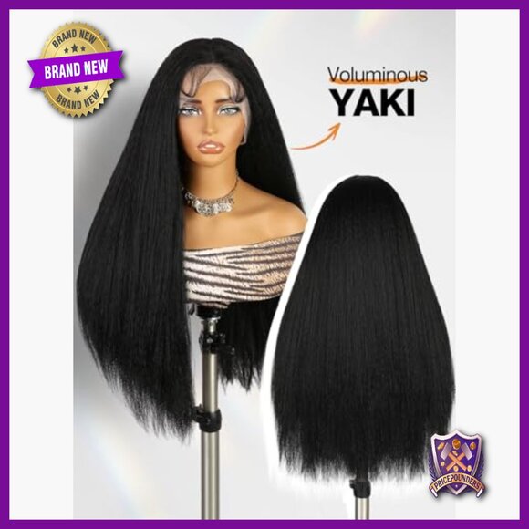 26 Inch Kinky Straight Synthetic Lace Front Wig 180% Density Light Yaki main image 5